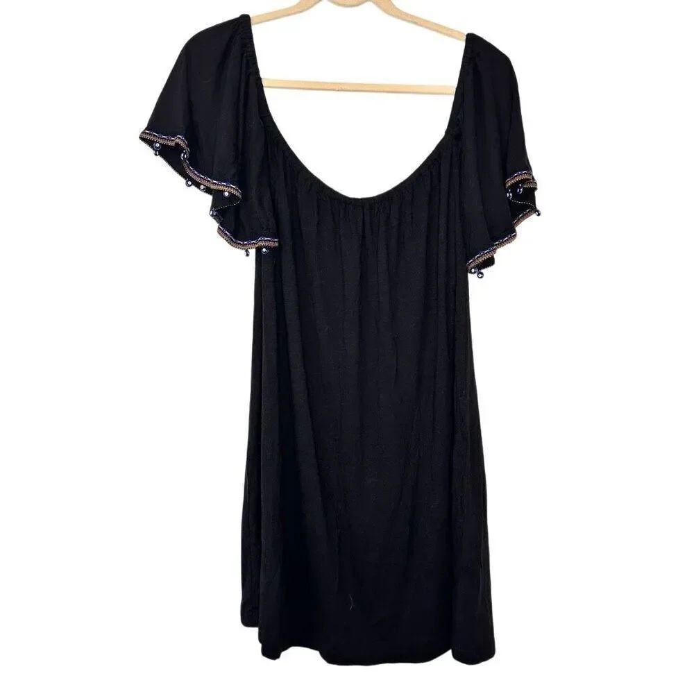 NWT Pitusa Off Shoulder Beaded Sleeves Salsa Cover-up Mini Dress Black Standard